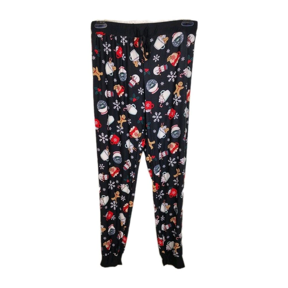 Kinnly Womens Black Gingerbread And Snowmen Pajama Lounge Pants Medium